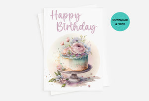 BIRTHDAY CARD - CP106 - WATERCOLOR CAKE WITH FLOWERS