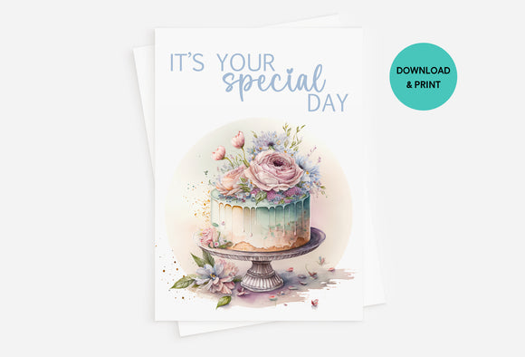 SPECIAL DAY CARD - CP107 - WATERCOLOR CAKE WITH FLOWERS